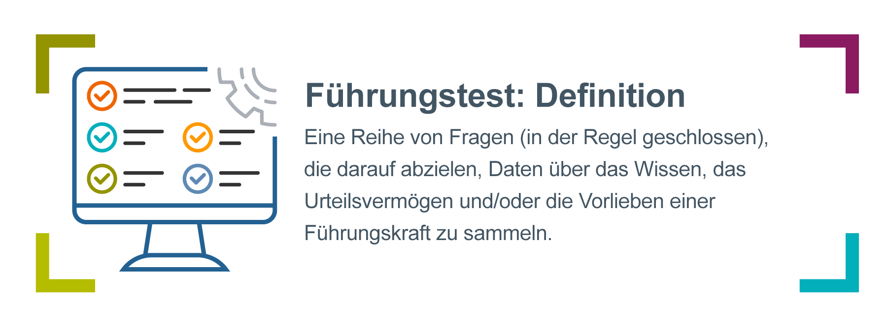 Grafik eines Computers mit Häkchen, begleitet von der Definition eines Führungstests. In der Definition heißt es: