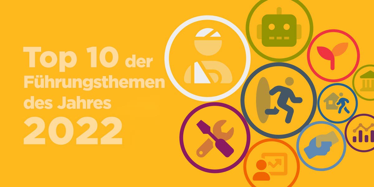 Illustration von Kreisen mit Symbolen, die sich auf die Top 10 Hot Leadership Topics beziehen, die in diesem Blog beleuchtet werden, z. B. ein Diagramm, das zeigt, dass People Analytics ein heißes Thema ist, sowie ein Robotersymbol, um zu zeigen, dass Roboter auch ein heißes Leader-Thema sind