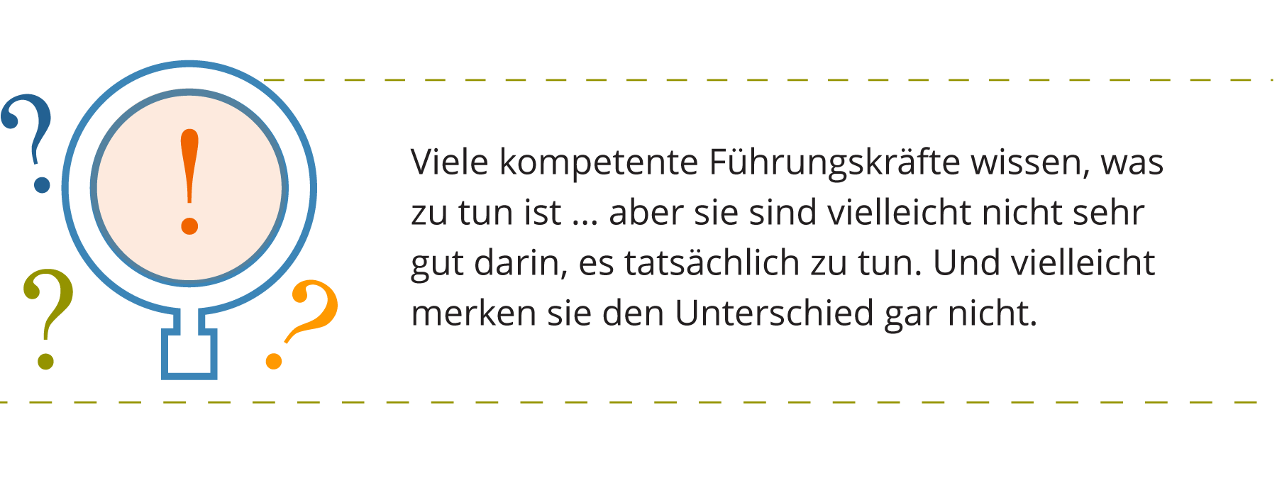 Grafik einer Vergrößerungsklasse mit einem Ausrufezeichen im Inneren und Fragezeichen drumherum. Begleitet von einem Zitat über die Arten von Führungsbeurteilungen, in dem es heißt: