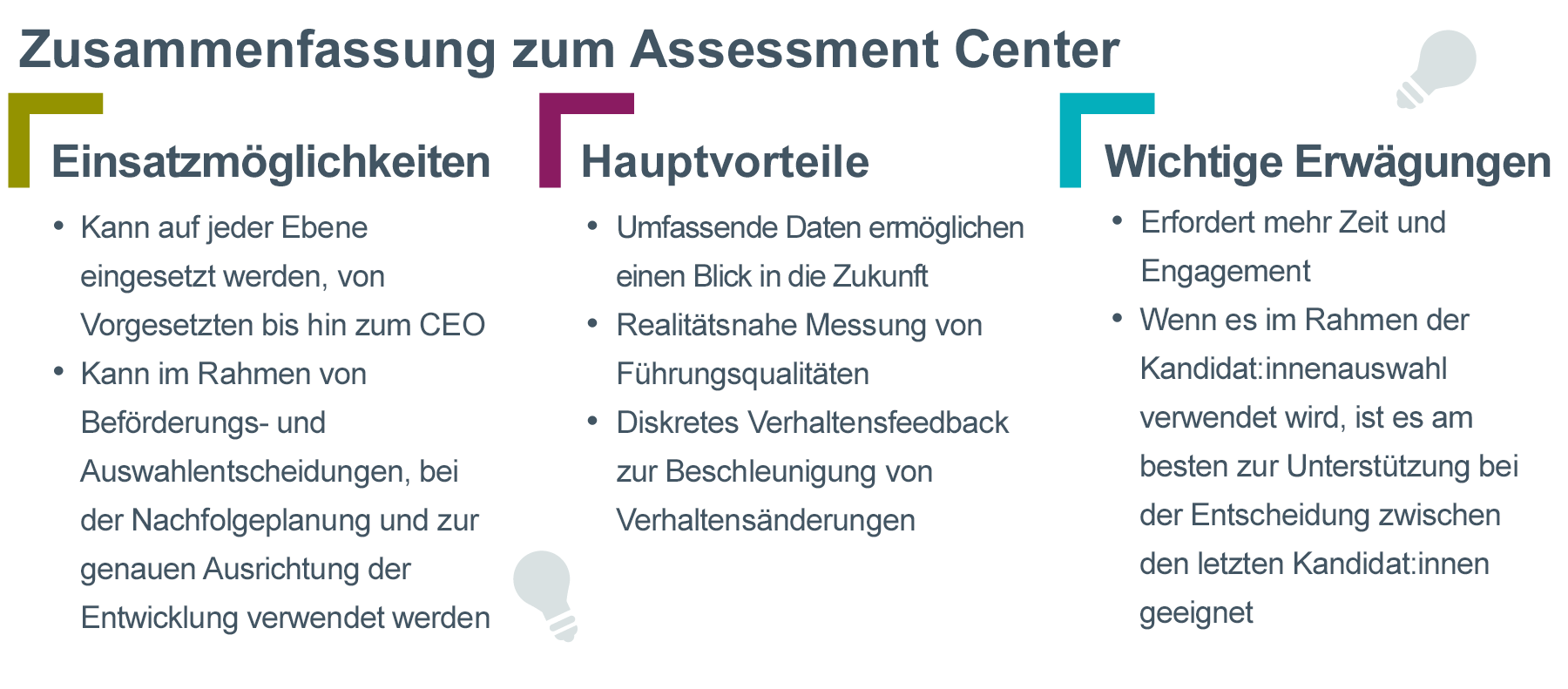 Zusammenfassung der Verwendung eines Assessment-Centers. In der linken Spalte steht: