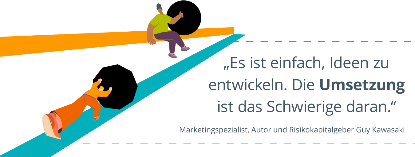 zwei Zeichentrickfiguren, die zwei verschiedene Bälle einen Hügel hinaufrollen – einer der Bälle ist gezackt und schwieriger zu rollen, während der andere Ball glatt und leicht zu rollen ist, rechts daneben: „Ideen sind einfach. Die Umsetzung ist schwierig.“ Dank des Marketingspezialisten, Autors und Risikokapitalgebers Guy Kawasaki