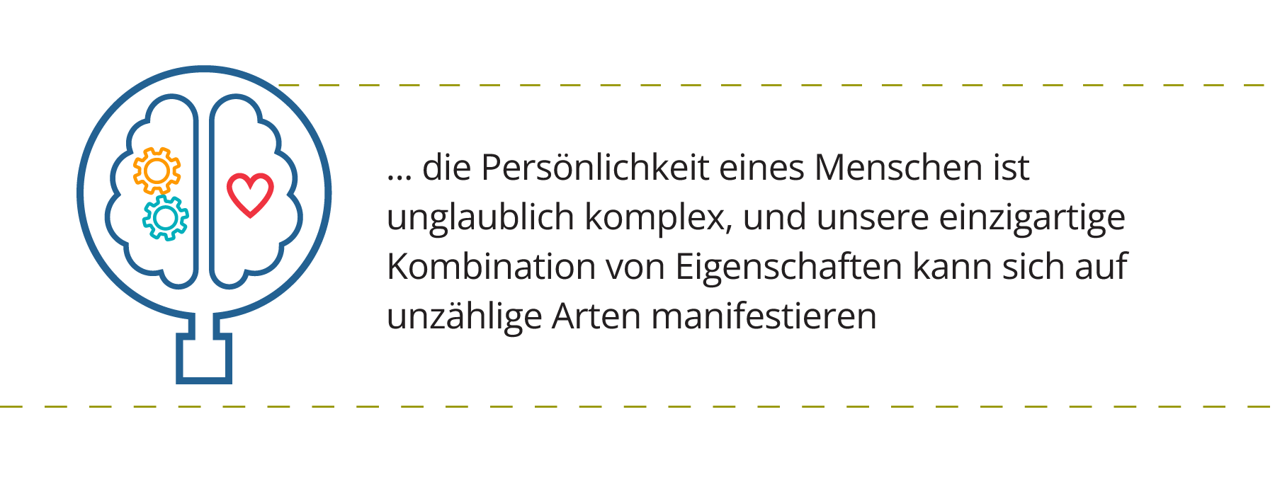 Grafik, die eine Vergrößerungsklasse zeigt, die über einer Grafik eines Gehirns schwebt, mit Zahnrädern auf der einen Seite und einem Herz auf der anderen Seite, um darzustellen, wie Persönlichkeitstests für Führungskräfte funktionieren. Begleitet von einem Zitat, das besagt