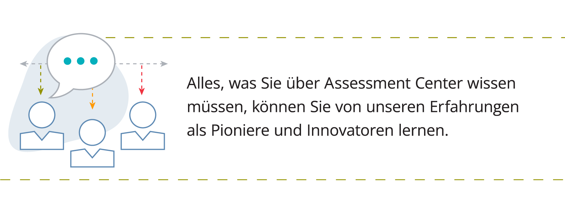 Grafik mit drei Personen, die ihre Erfahrung in einem Assessment-Center demonstrieren. Begleitet von einem Text, der besagt