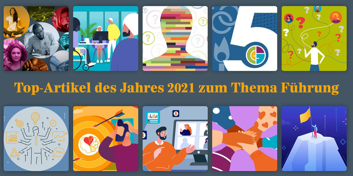 Bild mit der Aufschrift Top-Leadership-Artikel von 2021, umgeben von 10 kleinen Bildern, die jeden der Top-10-Leadership-Artikel von 2021 darstellen, die wir in diesem Blog skizzieren