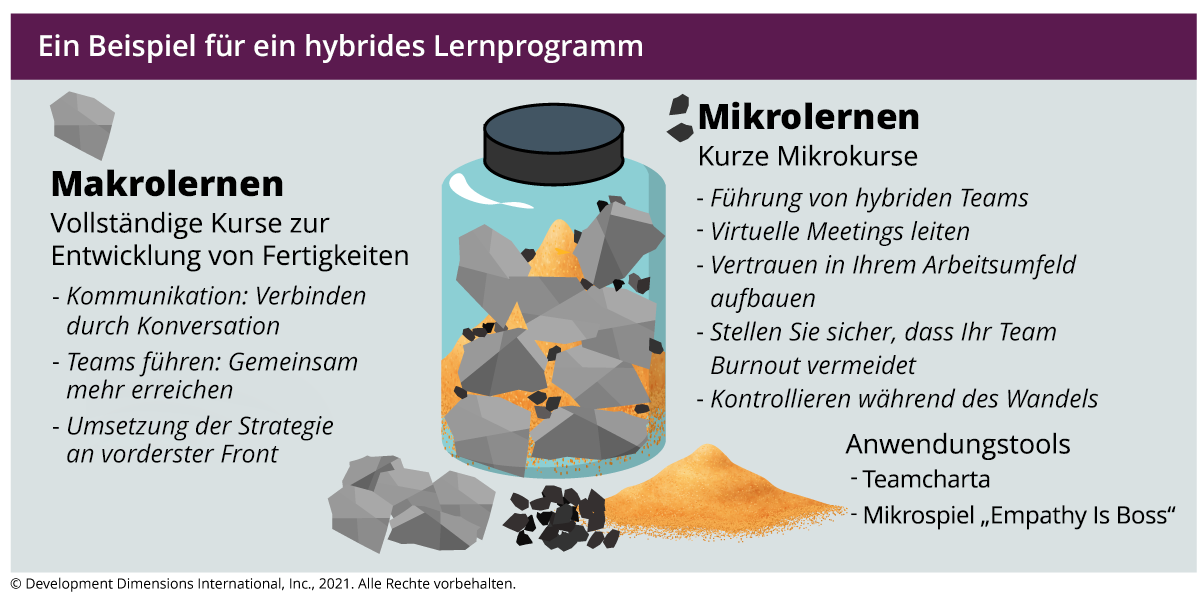 Ein Beispiel für ein hybrides Lernprogramm mit Macro Learning (vollständige Kurse zur Entwicklung von Fähigkeiten) wie Kommunikation: Kontakte knüpfen durch Gespräche, links aufgelistet, und rechts aufgelisted Micro Learning (kurze Mikrokurse), wie z. B. Führen von hybriden Teams