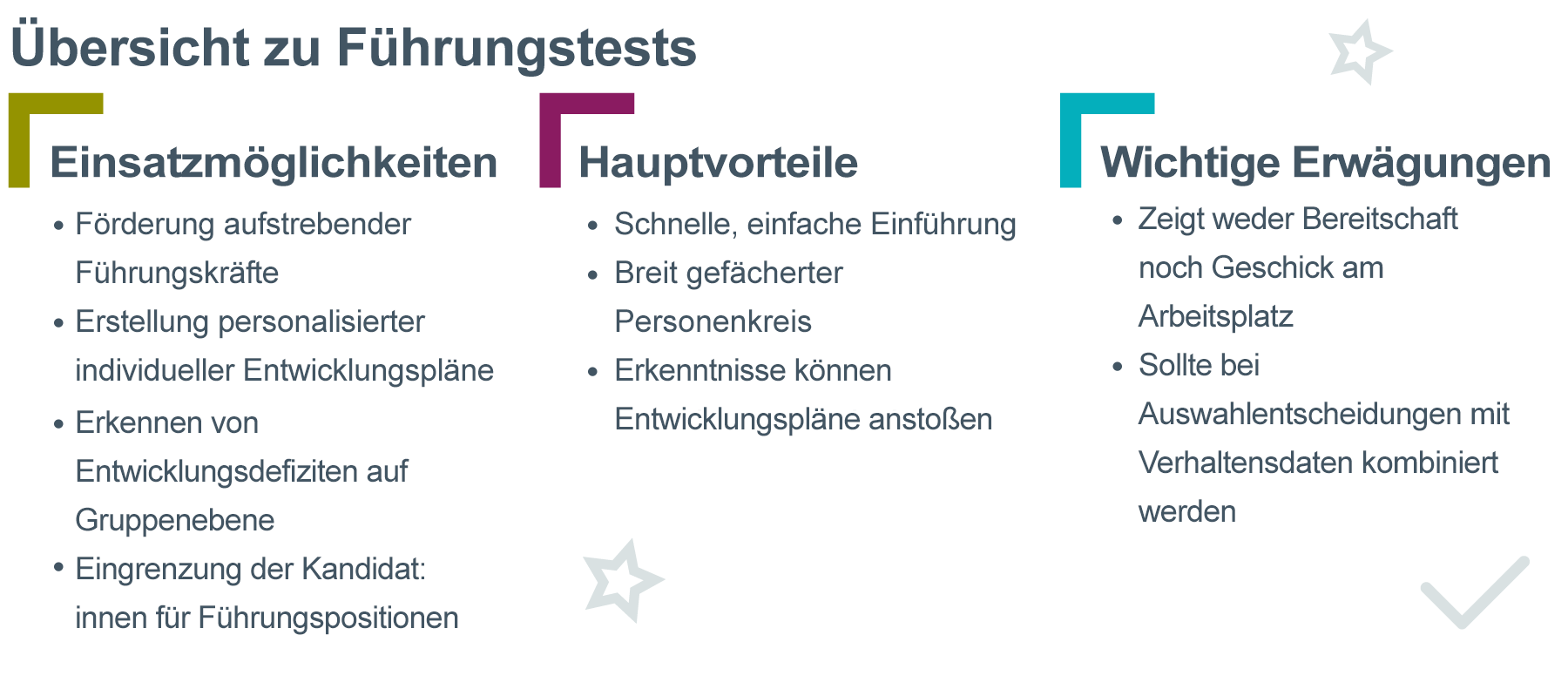 Übersichtsdiagramm zur Verwendung von Persönlichkeitstests für Führungskräfte. Auf der linken Seite steht